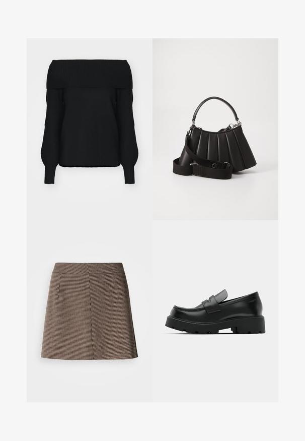 Sort off-shoulder sweater lavet af blødt strikmateriale, med ribbet kant, lange ærmer og en afslappet pasform. Ingen synlige mønstre.; Brun og sort hundetand mønster mini nederdel med lige pasform og foran sømdetalje på hvid baggrund.; Sorte læder loafers med en chunky tekstureret sål, der har en rem over vamps og en glat, poleret finish.; Sort plisseret handbag med et rundet håndtag, justerbar rem og blank overflade. Har sølvfarvet hardware og en struktureret silhuet.