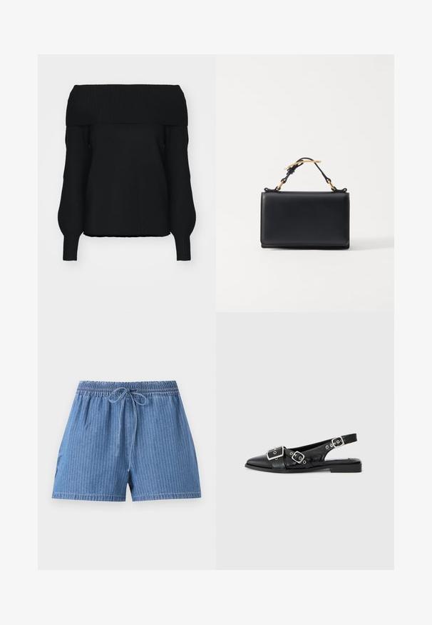 Sort off-shoulder sweater lavet af blødt strikmateriale, med ribbet kant, lange ærmer og en afslappet pasform. Ingen synlige mønstre.; Blå denimshorts med subtile lodrette striber, elastisk talje og snøre foran.; Sorte læderslingbacksko med spids tå, to sølvspænder og en lav blokhæl. Har en struktureret overdel og åben bag.; Sort læderhåndtaske med rektangulær form, der har en top-håndtag og hardware i guldtonet. Glat tekstur, minimalistisk design.