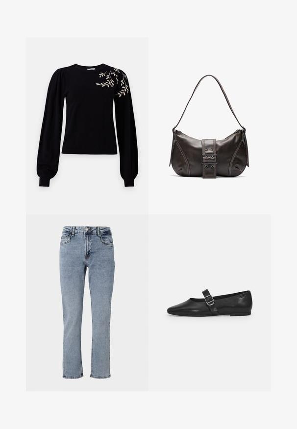 Object OBJTHESS EMBROIDERY PULLOVER - Striktrøje - black; Lyseblå denimjeans med høj talje, fem lommer og lige ben design. Har subtile falmninger og kontraststing detaljer.; Sorte læder flade sko med rund tå, et enkelt justerbart spænde og en glat, blank overflade. Minimalistisk design med en lav hæl.; Brun læder skuldertaske med en buet form, der har et fremtrædende spænde, kontrasterende syninger og en enkelt skulderrem.