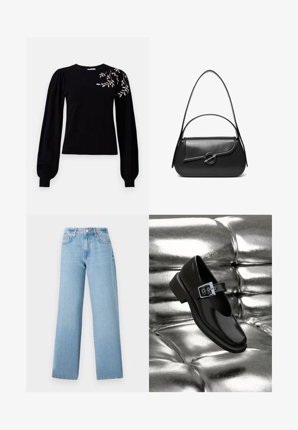 Object OBJTHESS EMBROIDERY PULLOVER - Svetrík - black; Svetlomodré nohavice s širokými nohavicami vyrobené z džínsového materiálu, s vysokým pásom, dizajnom s piatimi vreckami a uzáverom na gombík so zipsom.; Čierne kožené topánky Mary Jane so štvorcovou špičkou, so striebornou prackou a masívnym nízkym opätkom, umiestnené na lesklom striebornom pozadí.; Čierna kožená kabelka cez rameno s zakriveným chlopňovým uzáverom, ktorý je zabezpečený okrúhlym kovovým zapínaním a úzkym, nastaviteľným remienkom.