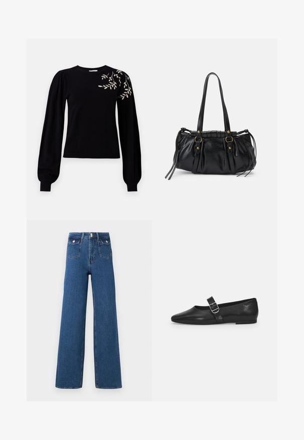 Object OBJTHESS EMBROIDERY PULLOVER - Pullover - black; Jean large en denim foncé. Doté de deux poches avant et d'une fermeture à bouton. Texture lisse avec des coutures visibles et une forme structurée.; Chaussure plate en cuir noir avec un bout arrondi, une seule sangle réglable à boucle et une texture lisse et brillante. Design minimaliste avec un petit talon.; Sac à main en cuir noir avec une forme arrondie, deux poignées, des accents en matériel décoratif et des détails de liens sur les côtés. Texture lisse et brillante.