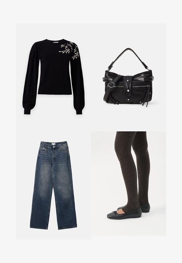 Object OBJTHESS EMBROIDERY PULLOVER - Striktrøje - black; Mænds højtaljede blå denim jeans med brede ben, frontknap og lynlås samt for- og baglommer.; Ben iført mørke ribbede leggings kombineret med sorte balletsko med små sløjfedetaljer på hvid baggrund.; Even&Odd H24462 - Håndtasker - black