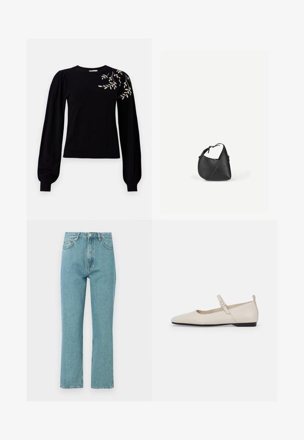 Object OBJTHESS EMBROIDERY PULLOVER - Striktrøje - black; Lyseblå, høj talje jeans med lige ben-design. Lavet af denim, featuring forlommer og knaplukning.; Hvide ballerinasko i læder med spids tå, ankelsnor og lav sort hæl. Glat tekstur med minimale detaljer.; Sort skuldertaske i læder med en afrundet trekantet form og justerbar rem på en ensartet lys baggrund.