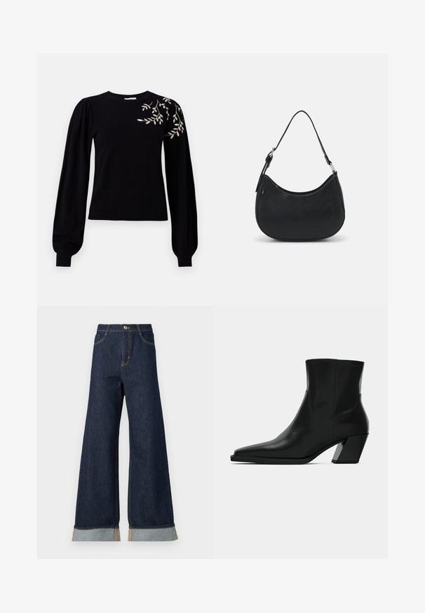 Object OBJTHESS EMBROIDERY PULLOVER - Svetrík - black; Džíny s širokými nohavicami z tmavého denimu s oranžovým prešívaním, s vysokým pásom, dvoma prednými vreckami a zrolovanými manžetami odhaľujúcimi svetlomodrú kontrastnú látku.; Čierna kožená členková topánka s špicatou špičkou, elegantným siluetou a masívnym štvorecovým podpätkom. Hladký povrch s minimálnymi švovými detailmi.; Čierna taška hobo vyrobená z hladkej kože s prehnutým siluetou, s jedným nastaviteľným popruhom a minimalistickými dizajnovými detailmi.
