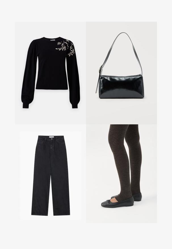 Object OBJTHESS EMBROIDERY PULLOVER - Pullover - black; Jeans en denim noirs taille haute à jambes larges avec fermeture à bouton et zip à l'avant, passants de ceinture et style à cinq poches.; Jambes portant des leggings côtelés foncés associés à des ballerines noires avec de petits détails en nœud sur fond blanc.; Sac d'épaule rectangulaire noir avec une sangle réglable unique et une fermeture éclair supérieure sur un fond uni.