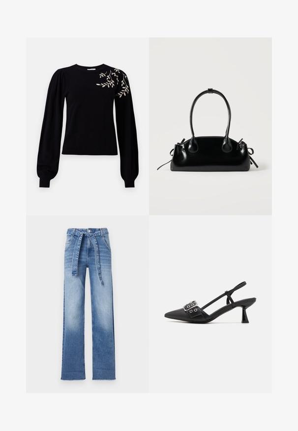Object OBJTHESS EMBROIDERY PULLOVER - Pullover - black; Pantalon taille haute en denim bleu clair avec une coupe large, doté d'une ceinture à nouer à la taille et d'un effet délavé.; Simmi London DALA - Escarpins - black; Petit sac à main noir brillant avec deux longues anses et des détails à cordon sur les côtés sur un fond clair uni.