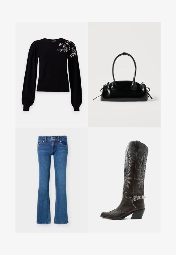 Object OBJTHESS EMBROIDERY PULLOVER - Striktrøje - black; Blå denim bootcut-jeans med dobbelt knaplukning, lommer foran og bagpå samt standard syningsdetaljer.; Sort læder cowboystøvle med dekorative udskæringer, sølvspænde og skrå hæl, vist på hvid baggrund.; Lille sort blank håndtaske med to lange håndtag og snøre-detaljer i siden på en ensfarvet lys baggrund.