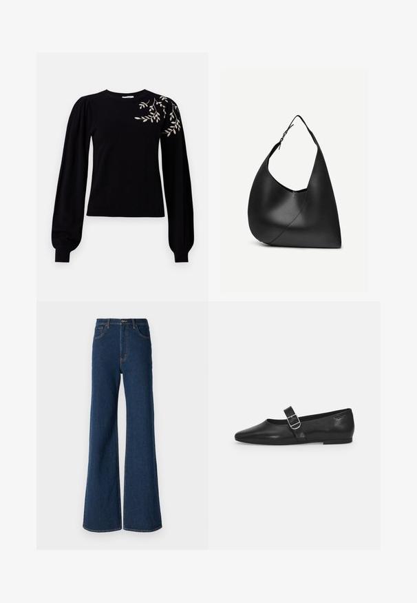 Object OBJTHESS EMBROIDERY PULLOVER - Striktrøje - black; Abercrombie & Fitch Jeans Relaxed Fit - rinse; Sorte læder flade sko med rund tå, et enkelt justerbart spænde og en glat, blank overflade. Minimalistisk design med en lav hæl.; Sort læder skuldertaske med buet trekantet form, enkelt justerbart rem og synlig diagonal søm foran.