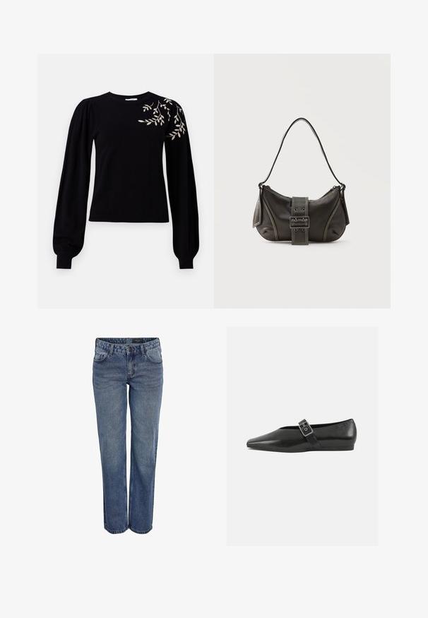 Object OBJTHESS EMBROIDERY PULLOVER - Striktrøje - black; Blå denim jeans med en lige benudskæring, der har et klassisk fem-lomme design, diskrete stikninger og en knaplukning.; Sorte læder flade sko med spidse tæer, prydet med en metallisk spænde over vristen og en lav, fleksibel sål.; Sort læder skuldertaske med spænde på remmen, afrundede kanter og kontrasterende hvide syninger på en ensfarvet baggrund.