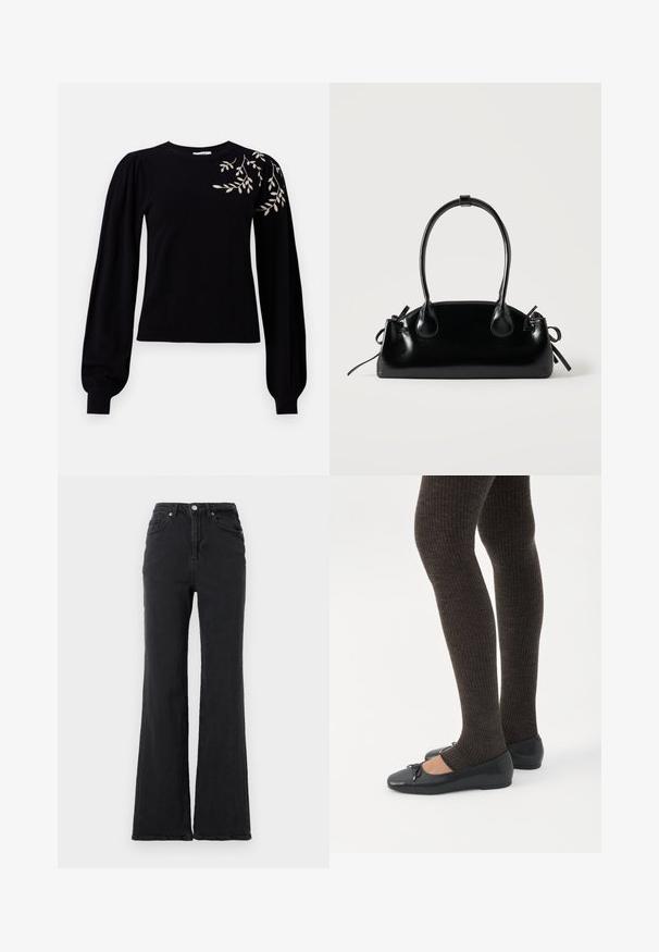 Object OBJTHESS EMBROIDERY PULLOVER - Striktrøje - black; Sorte højtaljede denimjeans med flagrende ben, frontknap og fem-lommet design mod en helt hvid baggrund.; Ben iført mørke ribbede leggings kombineret med sorte balletsko med små sløjfedetaljer på hvid baggrund.; Lille sort blank håndtaske med to lange håndtag og snøre-detaljer i siden på en ensfarvet lys baggrund.