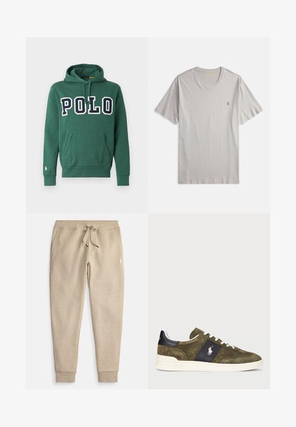 Zelená mikina s kapucňou vyrobená z mäkkého bavlneného materiálu, s veľkým logom "POLO" v námorníckej modrej farbe, prednou kapsou, nastaviteľnou kapucňou so šnúrkami a malým logom na rukáve.; Sivé tričko s krátkym rukávom z mäkkej bavlny, s okrúhlym výstrihom a malým vyšitým logom na ľavej strane hrudníka.; Béžové teplákové nohavice z mäkkej tkaniny, s nastaviteľným pásom na šnúrku, bočnými vreckami a rebrovanými manžetami. Na stehne sa nachádza malé logo.; Olivovo zelené semišové tenisky s námorníckou akcentovou časťou, bielymi šnúrkami a logom. Majú štruktúrovaný povrch a bielu gumovú podrážku.