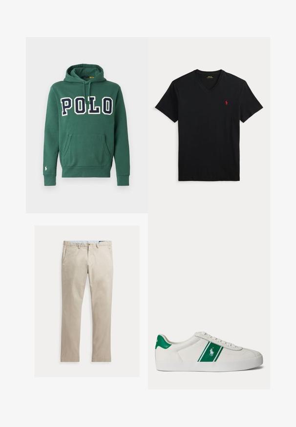 Zelená mikina s kapucňou vyrobená z mäkkého bavlneného materiálu, s veľkým logom "POLO" v námorníckej modrej farbe, prednou kapsou, nastaviteľnou kapucňou so šnúrkami a malým logom na rukáve.; Čierne tričko s výstrihom do V a krátkym rukávom s malým červeným logom Polo Ralph Lauren na ľavej strane hrudníka.; Béžové rovné bavlnené nohavice s prednými vreckami, pútkami na opasok, zapínaním na gombík a zipsom, zobrazené položené na bielom pozadí.; Biele nízke tenisky s zeleným pruhom a logom Polo na boku, zelený jazyk na päte a biele šnúrky, zobrazené z ľavej strany na jednoduchom pozadí.