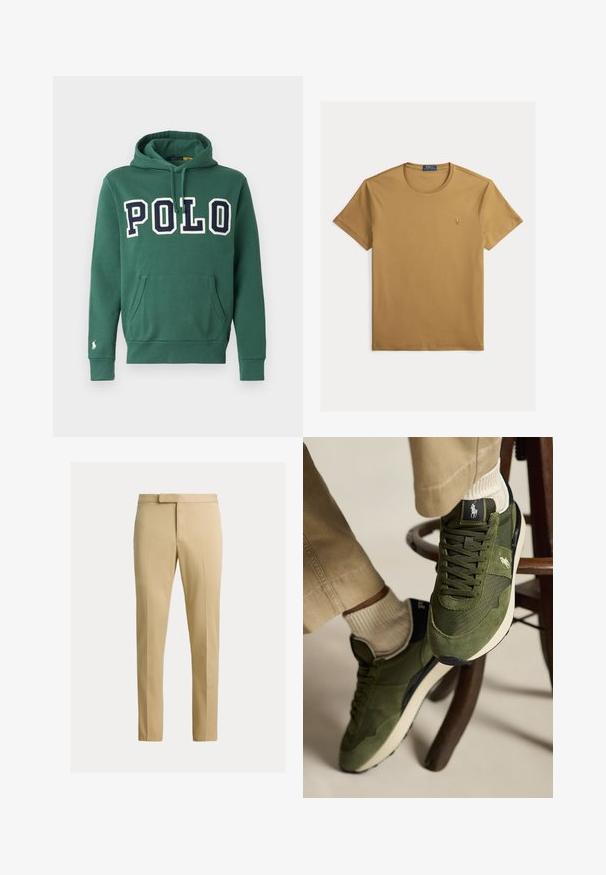 Zelená mikina s kapucňou vyrobená z mäkkého bavlneného materiálu, s veľkým logom "POLO" v námorníckej modrej farbe, prednou kapsou, nastaviteľnou kapucňou so šnúrkami a malým logom na rukáve.; Jednoduché svetlohnedé tričko s krátkym rukávom a okrúhlym výstrihom s malým vyšívaným logom Polo Ralph Lauren na ľavej strane hrudníka.; Béžové nohavice slim fit s predným záhybom, pútkami na opasok a skrytým predným zapínaním na jednofarebnom svetlom pozadí.; Nohy v olivovo zelených teniskách s bielymi ponožkami a béžovými nohavicami odpočívajúce na drevenom priečniku stoličky na jednofarebnom pozadí.