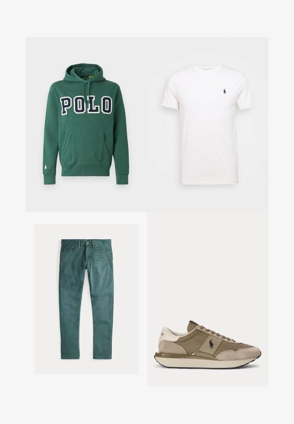 Zelená mikina s kapucňou vyrobená z mäkkého bavlneného materiálu, s veľkým logom "POLO" v námorníckej modrej farbe, prednou kapsou, nastaviteľnou kapucňou so šnúrkami a malým logom na rukáve.; Biela bavlnená tričko s okrúhlym výstrihom. Na ľavej strane hrude je malé tmavomodré logo. Krátke rukávy, hladká textúra.; Zelené bavlnené džínsy slim fit. Majú dve predné vrecká, zips a kontrastné stehy. Hladká textúra, rovnomerná farba.; Bočný pohľad na béžovo-hnedú tenisku s semišovými detailmi a logom Polo na boku na jednoduchom pozadí.