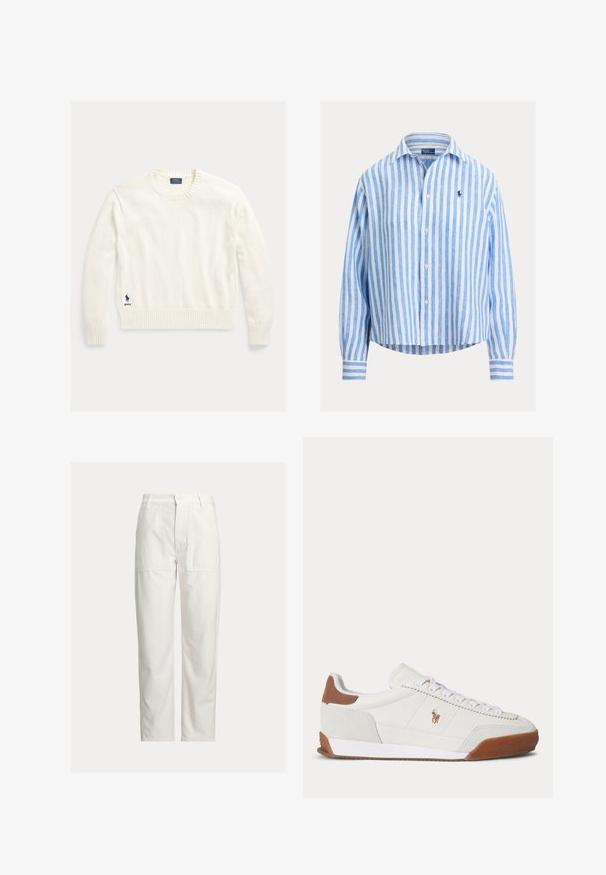 Witte katoenen trui met een geribde ronde hals en manchetten, voorzien van een klein blauw logo aan de linker onderzijde. Zachte textuur, standaard pasvorm.; Blauw-wit gestreept linnen overhemd met een button-down kraag, lange mouwen en een klein geborduurd logo op de borst.; Witte broek met rechte pijpen, grote voorkwabzakken, riemlussen en een knoopsluiting in de taille.; Witte lage sneaker met bruine suède accenten bij hiel en neus, witte veters en een klein bruin geborduurd logo aan de zijkant.