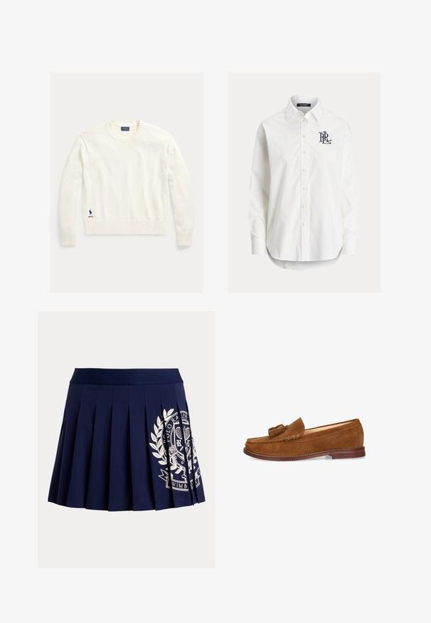 Pull en coton blanc avec un col rond et des poignets côtelés, présentant un petit logo bleu sur le bas côté gauche. Texture douce, coupe standard.; Chemise blanche à manches longues boutonnée avec col pointu et logo noir brodé sur la poitrine gauche.; Jupe plissée bleu marine avec une large ceinture et un logo blanc à thème tennis sur le bas à droite.; Mocassin à glands en daim brun avec bout arrondi, petit talon en bois et surpiqûres décoratives le long des bords.