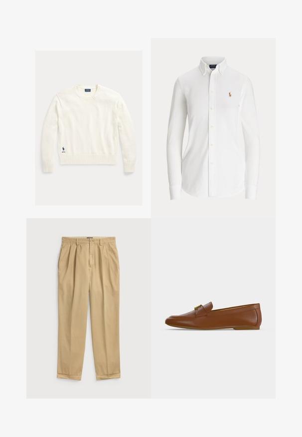Pull en coton blanc avec un col rond et des poignets côtelés, présentant un petit logo bleu sur le bas côté gauche. Texture douce, coupe standard.; Chemise blanche à manches longues avec boutons, col boutonné et petit logo brodé joueur de polo sur la poitrine.; Pantalons en coton beige clair avec une coupe décontractée, dotés de plis sur le devant, de poches latérales et d'un ourlet à revers.; Mocassin en cuir marron avec une boucle dorée et un petit talon plat, vu de profil sur un fond clair uni.