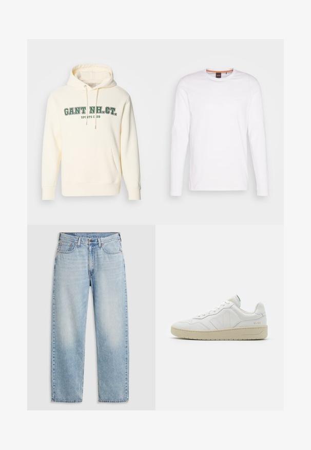 Crème kleurige hoodie met een kangoeroezak, een capuchon met trekkoord en groene opdruk "GANT NH. CT." en "SPORTS CLUB" op de voorkant.; Witte lange mouwen t-shirt gemaakt van katoen. Heeft een ronde halslijn en een klein reliëflogo op de linkerborst. Glad textuur.; Lichtblauwe rechte jeans met vijf zakken, metalen knoopsluiting en vervaagde details op de dijen en knieën, plat gelegd op een witte achtergrond.; Witte leren sneakers met een gestructureerde afwerking en een gevoerde kraag. Voorzien van een beige rubberen zool en subtiele branding op de hiel en zijkant.