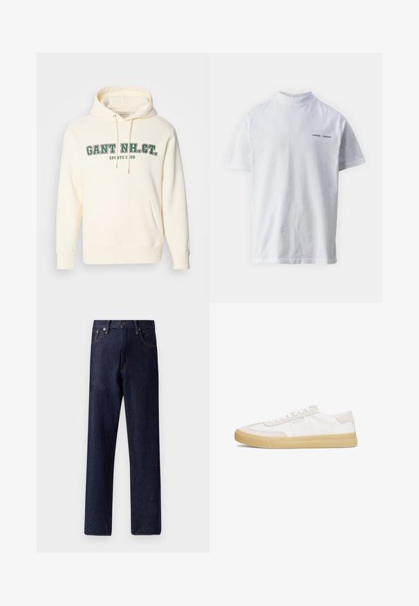 Crème kleurige hoodie met een kangoeroezak, een capuchon met trekkoord en groene opdruk "GANT NH. CT." en "SPORTS CLUB" op de voorkant.; Witte katoenen t-shirt met een hoge hals en korte mouwen. Voorzien van het 'SAMSØE SAMSØE' logo in het zwart op de voorkant. Glad van textuur.; Donkerblauwe denim jeans met een rechte pijp, vijf zakken en subtiele stikseldetails. Middenhoge taille met een metalen knoop en ritssluiting.; Witte sneakers van leer en suède, met een vetersluiting, een tan rubberen zool en een klein logo aan de zijkant.