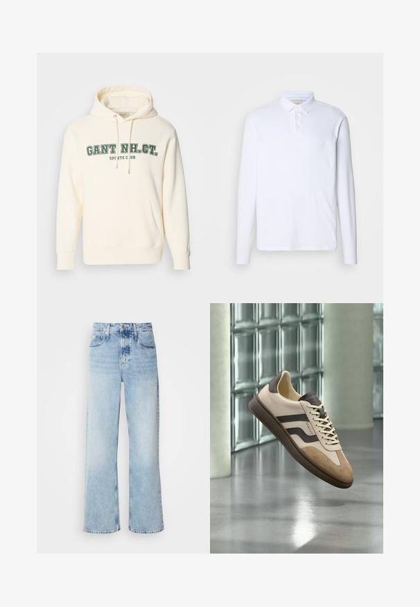 Cremefarvet hættetrøje med kengurulomme, snoretræk ved hætten og grønt tryk med "GANT NH. CT." og "SPORTS CLUB" på forsiden.; Langærmet hvid polo-shirt lavet af blødt stof, med en klassisk krave, tre knaplukninger og et diskret logo på brystet.; Lysblå vide jeans med høj talje, der har en falmet finish, bæltestropper og klassisk fem-lomme design. Kantene er rå.; Beige og brun afslappet sneaker med ruskindstå, mærket sidestribe og snørebånd, svævende indendørs på poleret betongulv.