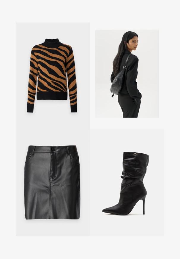 Μαύρος και καφετής ριγέ πουλόβερ με ψηλό λαιμό, κατασκευασμένο από πλεκτό ύφασμα, διαθέτει εφαρμοστή σιλουέτα και ραμμένα μανίκια και στρίφωμα.; Μαύρη δερμάτινη φούστα με λεία υφή, με εφαρμοστή σχεδίαση, μπροστινές τσέπες και μονή κουμπί στη μέση.; Even&Odd Wide Fit by Zalando Μποτάκια με ψηλό τακούνι - black; Γυναίκα με μακριά μαύρα μαλλιά, ντυμένη με μαύρο κοστούμι, κρατώντας μια μαύρη δερμάτινη τσάντα ώμου, κοιτάζοντας πίσω στον φακό, σε λευκό φόντο.
