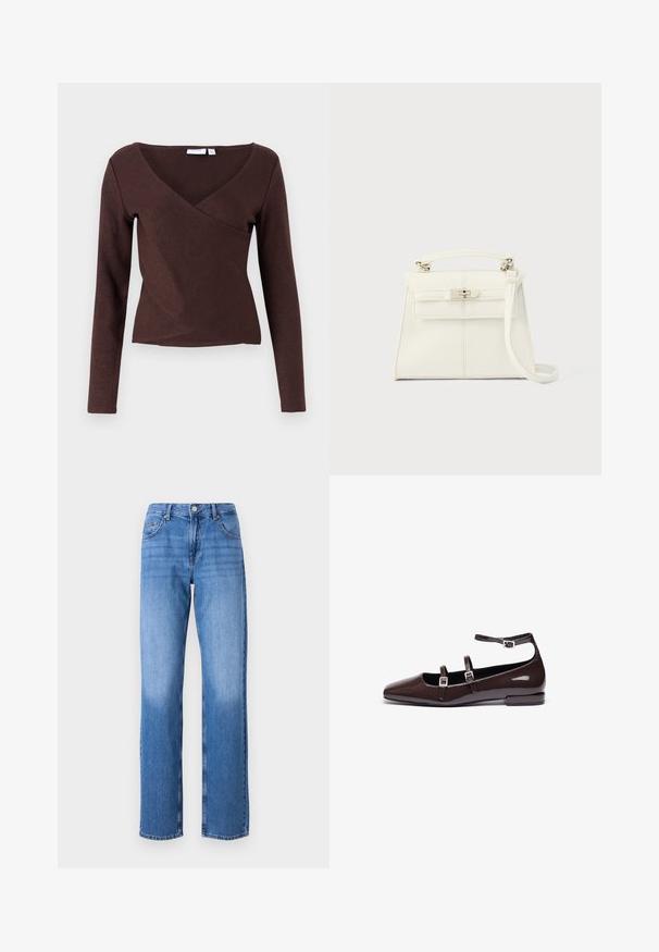 Haut marron à manches longues avec un design croisé, doté d'un décolleté en V profond et d'une texture lisse. Composé d'un matériau léger et extensible.; Jean en denim bleu clair avec une taille haute, une coupe droite et des zones décolorées. Comprend des poches avant standard et une fermeture à bouton.; Ballerines en cuir verni marron avec un bout pointu, présentant deux sangles réglables et des boucles en argent, ainsi qu'un petit talon carré.; Sac à main en cuir blanc avec une forme structurée, poignée supérieure, bandoulière amovible et fermeture à boucle argentée. Texture lisse, design minimaliste.