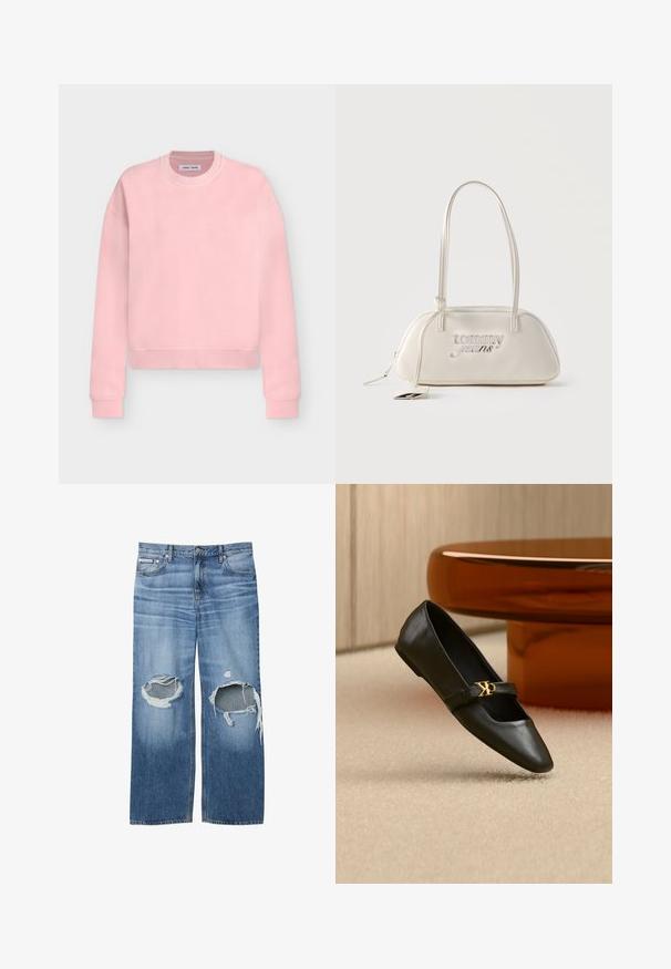 Sweat-shirt rose clair à manches longues avec col rond, poignets et ourlet côtelés, présenté à plat sur un fond gris clair.; Jean en denim bleu avec de grandes déchirures aux deux genoux et une petite étiquette Calvin Klein sur la poche avant droite.; Chaussure plate en cuir noir avec bout pointu et logo CK doré sur la bride, posée sur un tapis beige près d'une table ronde couleur ambre brun.; Sac d'épaule rectangulaire de couleur crème avec longues bretelles, logo "tommy jeans" en argent sur le devant, et une étiquette pendante attachée à la fermeture éclair.