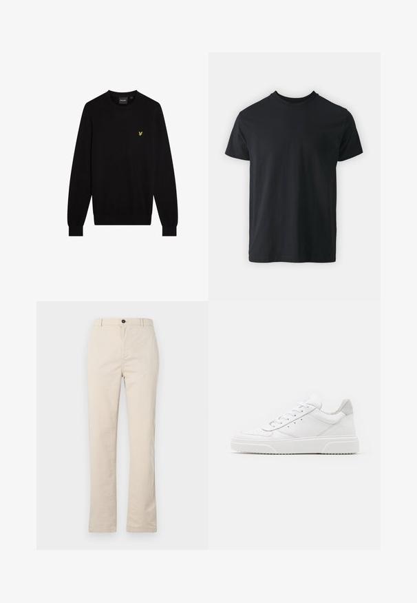 Schwarzer Pullover aus weichem Stoff mit Rundhalsausschnitt und langen Ärmeln. Kleines gelbes gesticktes Logo auf der linken Brust.; Schwarzes Baumwoll-T-Shirt mit kurzen Ärmeln, Rundhalsausschnitt und lässiger Passform. Glatte Textur und gerader Saum, keine sichtbaren Grafiken oder Muster.; Helle beige Baumwollhose mit geradem Bein, vorn mit Knopfverschluss, Reißverschluss und minimalen Nähten.; Weiße Leder-Sneaker mit glatter Oberfläche, rundem Zehenbereich, flachen Schnürsenkeln und strukturiertem Schuhsohlen. Graues Wildleder-Detail an der Ferse.
