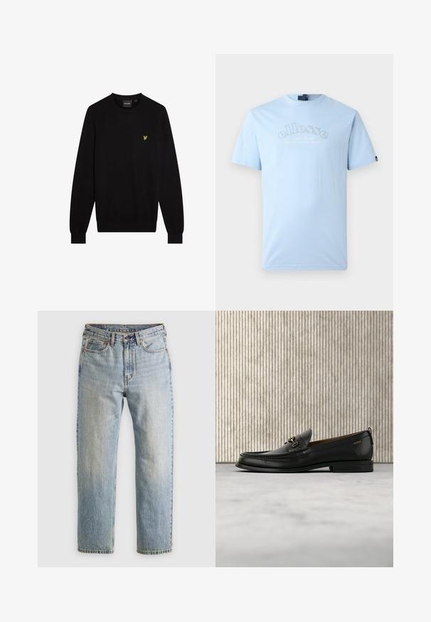 Jersey negro hecho de tela suave, con cuello redondo y mangas largas. Pequeño logo amarillo bordado en el pecho izquierdo.; Ellesse QUESCO TEE - Camiseta estampada - light blue; Jeans de mezclilla azul claro de cintura alta, con botón frontal, cremallera y diseño de cinco bolsillos, dispuestos sobre un fondo neutro.; Mocasín de cuero negro con pieza metálica dorada y logotipo "HUGO", exhibido sobre una alfombra beige y muebles translúcidos marrones.