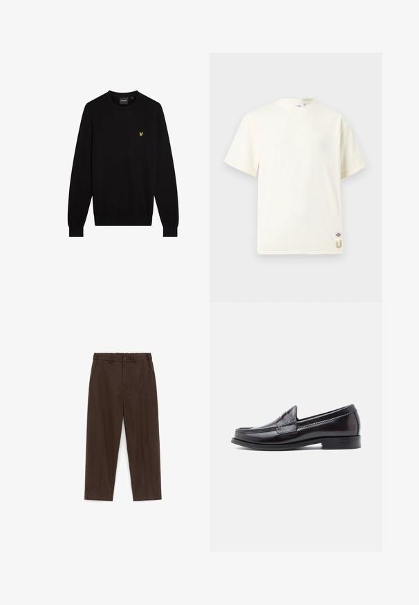 Pull noir en tissu doux, avec un col rond et des manches longues. Petit logo jaune brodé sur le côté gauche de la poitrine.; T-shirt en coton à manches courtes, de couleur blanc cassé uni, avec col rond, petite étiquette logo et détail en corde beige près de l'ourlet inférieur.; Pantalon marron droit avec fermeture par bouton et fermeture éclair, passants de ceinture et poches latérales sur fond blanc.; Mocassins en cuir marron foncé à finition lisse, talon bas et couture décorative sur le bout. Design classique avec une silhouette arrondie.