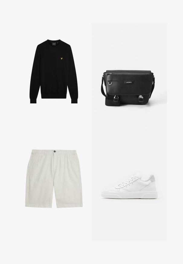 Sort sweater lavet af blødt stof med rund halsudskæring og lange ærmer. Lille gul broderet logo på venstre bryst.; Lyse beige knælange shorts med forlommer, bæltestropper, knaplukning og rent, glat stof.; Hvide lædersneakers med en glat finish, rund tå, flade snørebånd og en struktureret sål. Grå ruskindsdetalje ved hælen.; Sort tekstureret Lacoste messengertaske med justerbar rem, frontklap, lynlås lomme og metalspænder.