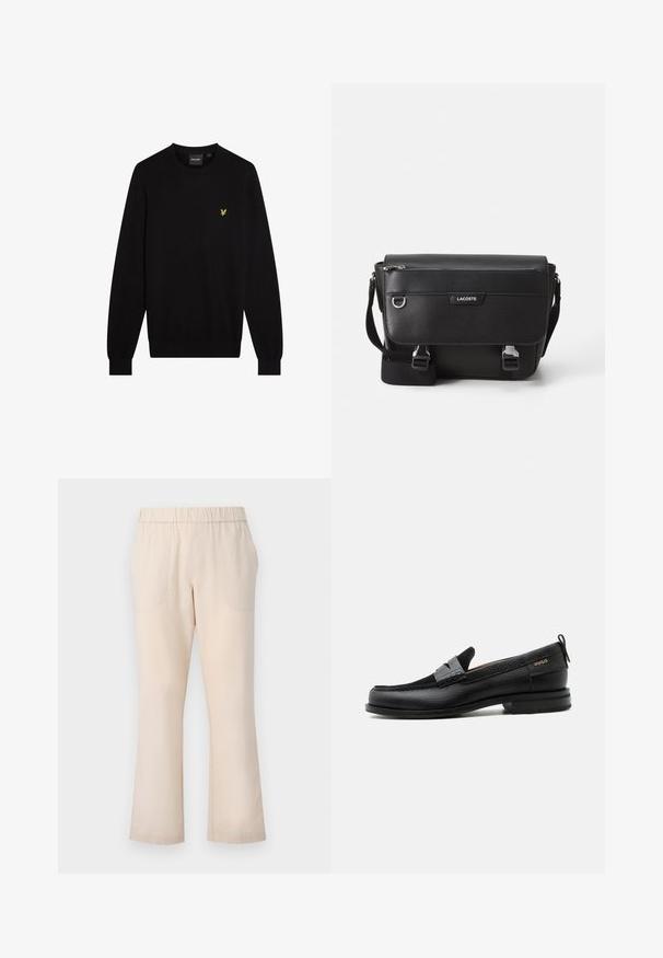 Zwarte trui van zachte stof, met een ronde halslijn en lange mouwen. Klein geel geborduurd logo op de linkerborst.; Beige flared trousers met een elastische tailleband, twee voorzakken en een gladde katoenen textuur. Geen zichtbare patronen of hardware.; Zwarte leren loafer met grijs riemdetailelement, lage hak en gestructureerde zool, aan de zijkant gebrandmerkt met "HUGO" in goud.; Zwarte textuur Lacoste schoudertas met verstelbare strap, voormep flap, ritszak en metalen gesp-sluiting.