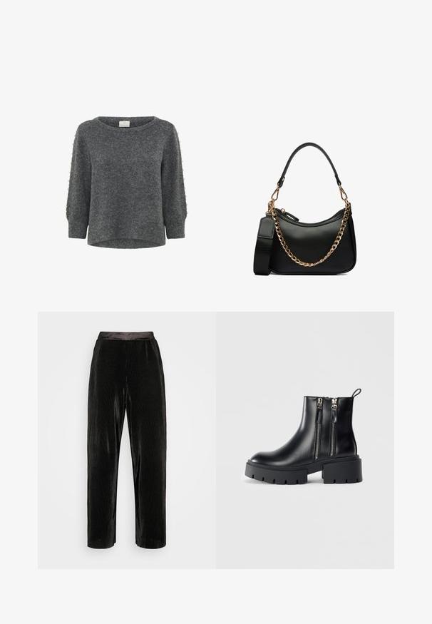 Kaffe KABETTY - Džemper - grey melange; Vero Moda VMAVI PLISSE PANT - Püksid - black; Mustad mustad narvarrebokad mustad nahast, paksude talladega, külgsete tõmblukkudega ja kontsaga. Sile tekstuur ning seljaosas silmus, mis tagab lihtsa selga panemise.; Mustast nahast käekott lühikese sangaga, eemaldatava kuldse ketirihma ja laia kangast õlarihmaga valgel taustal.