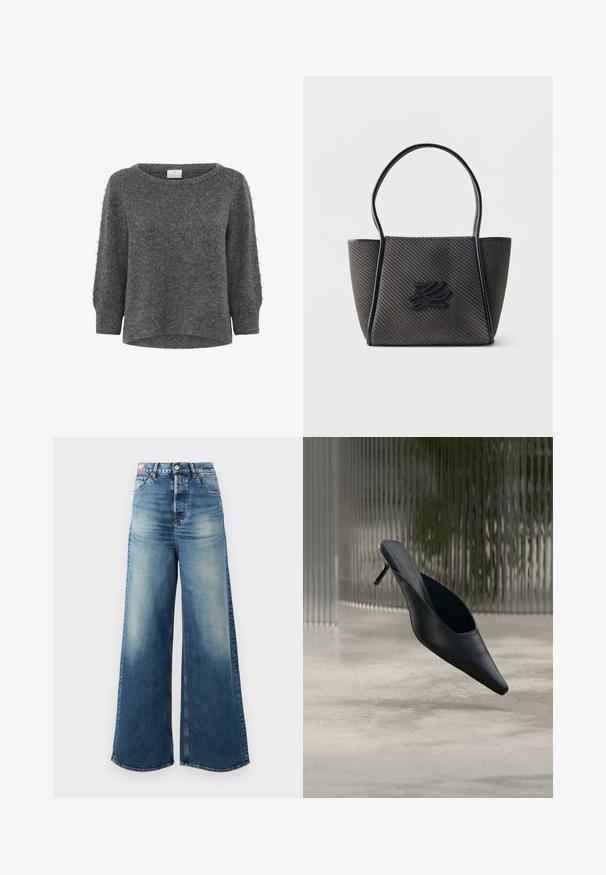 Kaffe KABETTY - Trui - grey melange; Wijde blauwe denim jeans met een vervaagde afwerking, hoge taille en klassiek vijf-pocket ontwerp. Voorzien van koperen hardware en rafelige zomen.; Zwarte mule met puntige neus en dunne hoge hak, die boven een gladde betonnen vloer zweeft, met een wazige verticale gestreepte achtergrond.; Zwart getextureerde tote bag met dubbele handvatten en een verhoogd gestileerd logo aan de voorzijde in het midden tegen een witte achtergrond.