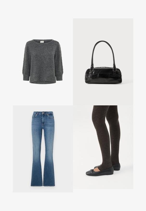 Kaffe KABETTY - Džemper - grey melange; ONLY Flared fit ONLBLUSH Mid waist - Alt laienevad teksad - medium blue denim; Jalad seljas tumedad soonelises soonelises kombines mustade baleriinadega, millel on väikesed paelade detailid valgel taustal.; Must must beebkott, millel on ristkülikuline kuju, ühekordne tahke käepide, hõbedased detailid ja lukuga sulgemine. Sile tekstuur.