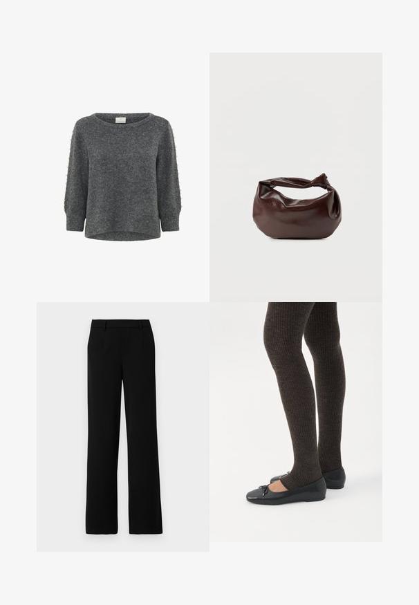 Kaffe KABETTY - Striktrøje - grey melange; Sorte vide bukser lavet af glat stof, med flad front, to sidelommer og en skræddersyet talje for et elegant udseende.; Ben iført mørke ribbede leggings kombineret med sorte balletsko med små sløjfedetaljer på hvid baggrund.; Mørkebrun læder skuldertaske med en blød, afslappet form og et snoet knudehåndtag på en ensartet hvid baggrund.