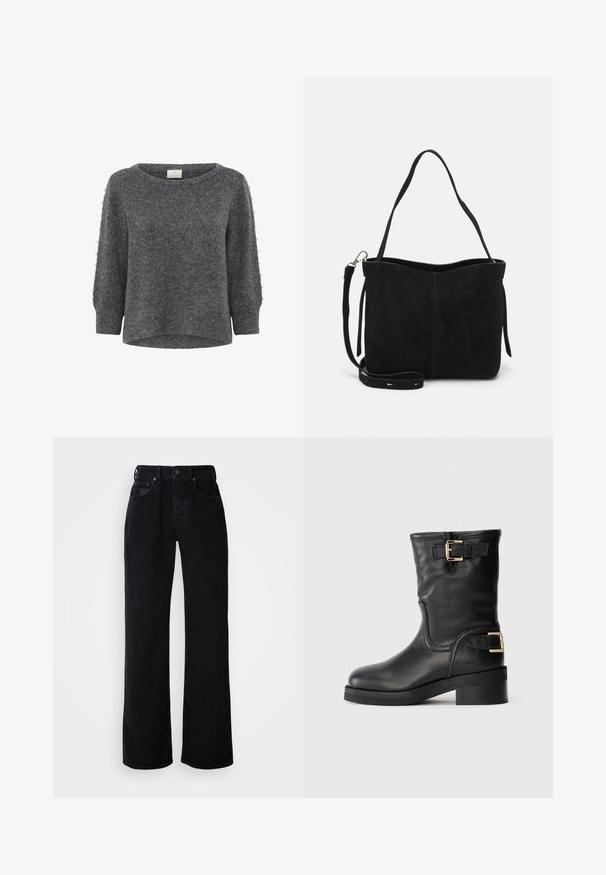 Kaffe KABETTY - Striktrøje - grey melange; Sorte jeans med vide ben, lavet af bomuldsdenim. Har lukning med knapper foran, bæltestropper og design med fem lommer med diskret syning.; Sort læder ankelstøvle med en tekstureret overflade, der har guldfarvede spænder og en lav blokhæl. Solid sål og struktureret form.; Sort ruskinds totebag med en blød tekstur, der har en enkelt skulderrem og en aftagelig crossbody-rem. Åben, ustruktureret design.