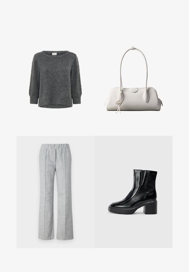 Kaffe KABETTY - Striktrøje - grey melange; Grå, vide benbukser lavet af tekstureret stof; har en elastisk talje og plisserede frontdetaljer. Ren, minimalistisk design.; Sorte patenterede læderankelstøvler med en buet tå, elastiske sidepaneler og en kraftig blokhæl. Har et præget logo på bagsiden.; Hvid Calvin Klein skuldertaske med lange håndtag, rektangulær form, lynlåslukning og dekorativt logohæng tæt på håndtaget.