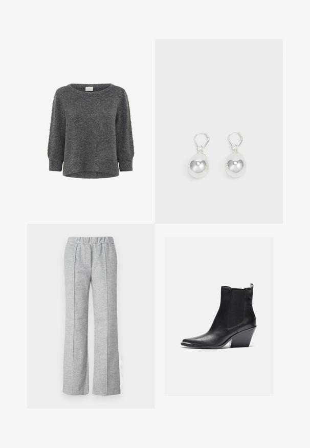 Kaffe KABETTY - Striktrøje - grey melange; Grå, vide benbukser lavet af tekstureret stof; har en elastisk talje og plisserede frontdetaljer. Ren, minimalistisk design.; Sorte læder ankelstøvler med spids tå, elastiske sidepaneler og blokhæl. Finishen er glat med et strømlinet design.; Sølv dråbeøreringe med glatte, runde, reflekterende overflader hængende fra svingelukkede låse. Baggrunden er helt hvid.