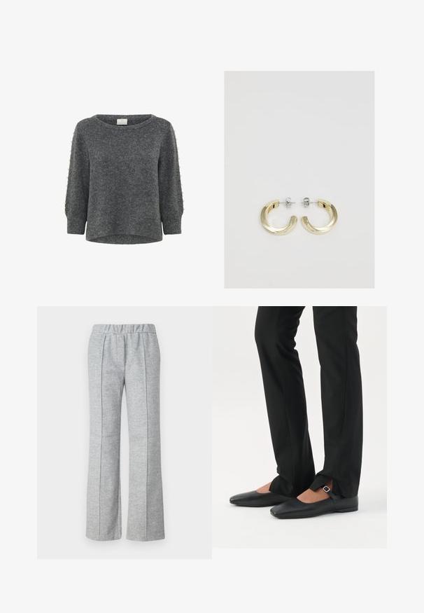 Kaffe KABETTY - Strickpullover - grey melange; Graue, weite Hose aus strukturiertem Stoff; verfügt über einen elastischen Bund und gefaltete Vorderdetails. Sauberes, minimalistisches Design.; Beine in schwarzen schmalen Hosen mit vorderen Schlitzen am Saum, kombiniert mit schwarzen flachen Mary-Jane-Schuhen mit kleinem Schnallenriemen.; Goldfarbene Metall-Ohrringe in Form von Ringen mit einer glatten, glänzenden Oberfläche und einem teilweise kreisförmigen Design. Mit silberfarbenen Stegen und Verschlüssen gesichert.
