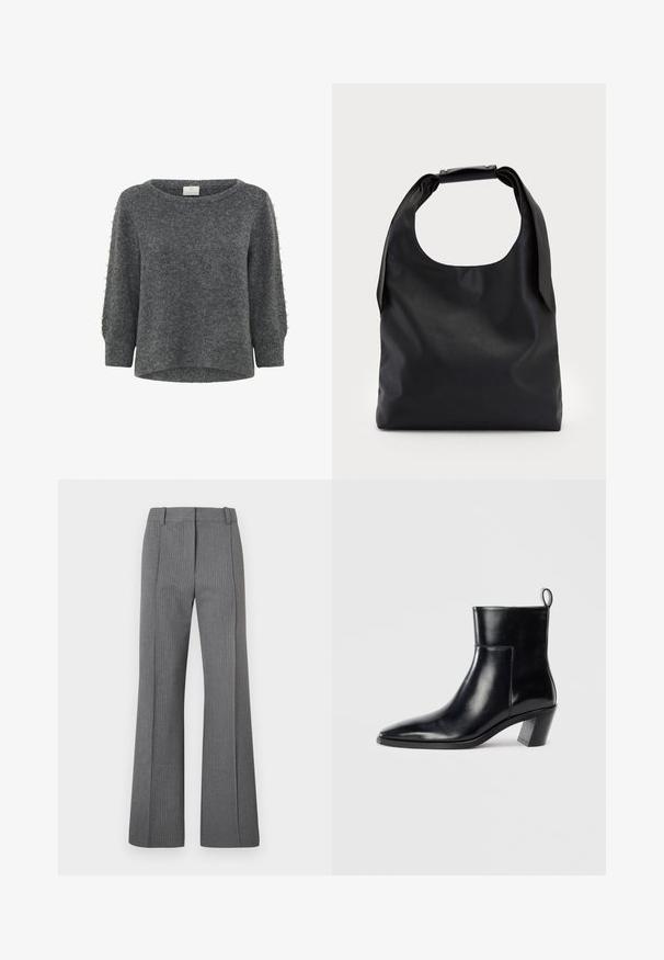 Kaffe KABETTY - Trui - grey melange; Grijze pantalon met krijtstreep, met een platte voorkant, riemlussen en een soepele textuur. Volledige lengte met subtiele patroondetails.; Zwarte leren enkelboot met een spitse neus, een geometrische gestapelde hak en een trekband aan de achterkant. Gladde textuur en slank ontwerp.; Zwarte lederen handtas met een grote open bovenkant en een enkele schouderriem. Zachte textuur, minimalistisch ontwerp, met subtiele metalen accenten.