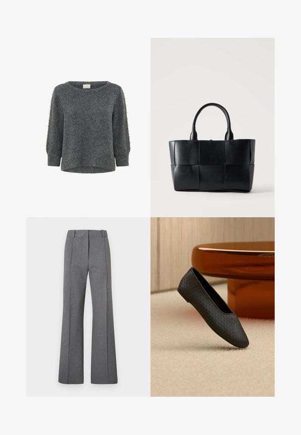 Kaffe KABETTY - Trui - grey melange; Grijze pantalon met krijtstreep, met een platte voorkant, riemlussen en een soepele textuur. Volledige lengte met subtiele patroondetails.; Zwarte gestructureerde slip-on platte schoen zwevend boven een beige tapijt nabij een ronde amberkleurige tafelpoot.; Zwarte leren totebag met geweven grote vierkante panelen en twee afgeronde handvatten op een effen lichte achtergrond.