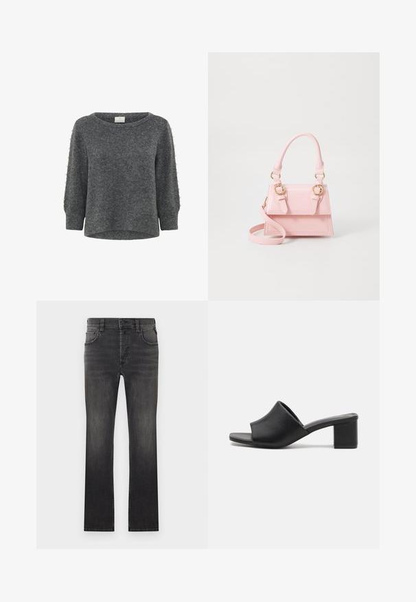 Kaffe KABETTY - Strickpullover - grey melange; Schwarze Jeans aus Denim mit geradem Schnitt, fünf Taschen und dezentem Ausbleichen. Verfügt über einen Knopfverschluss und kontrastierende Nähte entlang der Säume.; Schwarze Leder-Mules mit Blockabsatz und offenem Zehenbereich, mit einer glatten Oberfläche und einem leicht geschwungenen Schaft für Komfort und Stil.; Rosa lackierte Ledertasche mit strukturiertem Design, doppelten Traggriffen, goldfarbenen Beschlägen, abnehmbarem Gurt und genähten Details.