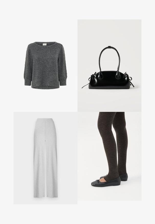 Kaffe KABETTY - Trui - grey melange; Lichtgrijze geribbelde wijde broek met een hoge tailleband en een split aan de voorkant. Gemaakt van een zachte stof met een gladde textuur.; Benen met donkere geribbelde leggings gecombineerd met zwarte ballerina's met kleine strikdetails op een witte achtergrond.; Kleine zwarte glanzende handtas met twee lange hengsels en zijkant trekkoord details op een effen lichte achtergrond.