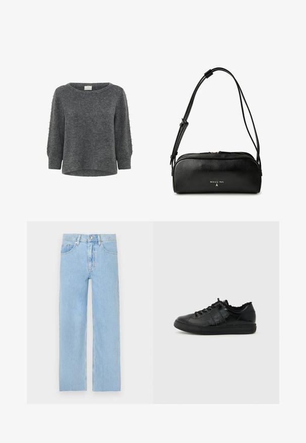 Kaffe KABETTY - Trui - grey melange; Lichtblauwe denim jeans met een rechte snit, vijf zakken en een metalen knoopsluiting aan de voorkant. Licht versleten textuur.; Zwarte sneakers met een gladde, glanzende textuur, ronde neus en vetersluiting. Beschikt over een zachte, bontachtige kraag voor extra comfort.; Zwarte leren schoudertas met verstelbare riem, rechthoekige vorm, gouden rits en "Patrizia Pepe" logo aan de voorkant.
