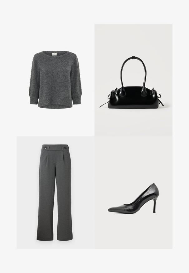 Kaffe KABETTY - Trui - grey melange; Grijze wijde broek gemaakt van textuurstof, met een hoge taille, plooien aan de voorkant en twee knopen op de tailleband.; Zwarte lakleren damesschoen met hoge hak, puntige neus en smalle hak op een effen lichte achtergrond.; Kleine zwarte glanzende handtas met twee lange hengsels en zijkant trekkoord details op een effen lichte achtergrond.