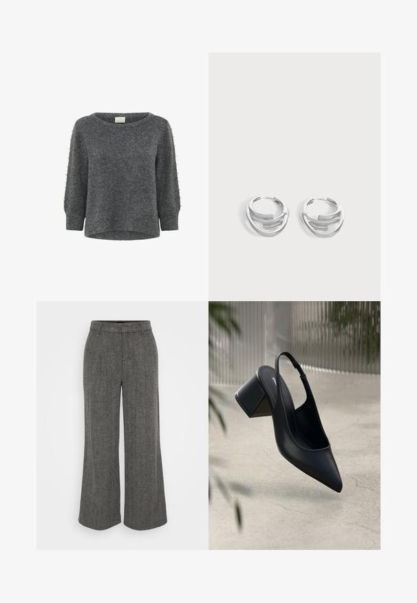 Kaffe KABETTY - Pullover - grey melange; Pantalons larges en chevrons gris avec une taille ajustée, présentant un devant plissé et un tissu doux et texturé.; Escarpin noir en cuir avec un bout pointu et un talon bloc. Texture lisse, design minimaliste et bride de cheville réglable.; Paire de boucles d'oreilles anneaux en argent poli avec un design de barre incurvée superposée sur un fond clair uni.