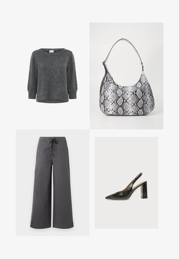 Kaffe KABETTY - Trui - grey melange; Wijdlopende, donkergrijze broek gemaakt van een zachte stof, met een elastische tailleband en een trekkoord, en minimaal stikwerk.; BOSS MIAH - Klassieke pumps - black; Zwart-witte slangenprint schoudertas met een afgeronde vorm, een gladde textuur en een ronde strap. Voorzien van een zilveren hardwareaccent.