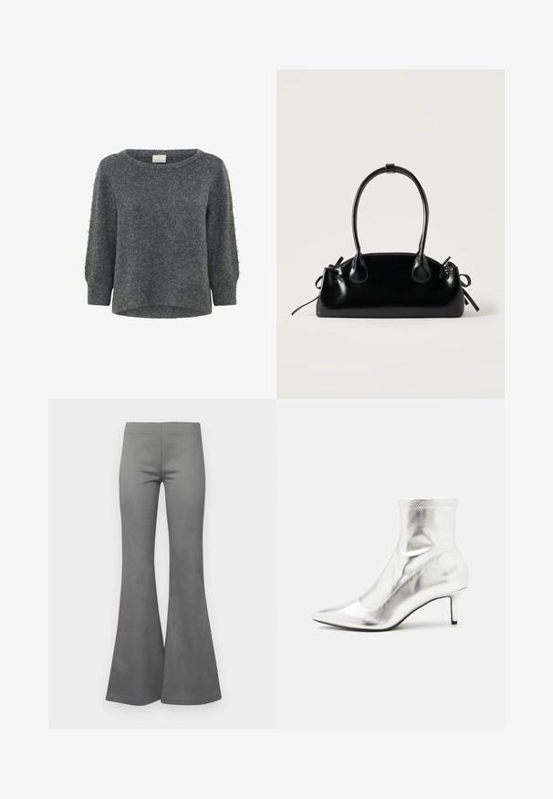 Kaffe KABETTY - Trui - grey melange; Grijze uitlopende broek met een gladde textuur en een getailleerd ontwerp, dat wijd uitloopt vanaf de knie tot de zoom.; Zilverkleurige metallic enkelboot met een spitse neus en een smalle hak. Beschikt over een strakke pasvorm en een gladde, glanzende textuur. Naadaccenten aan de bovenkant.; Kleine zwarte glanzende handtas met twee lange hengsels en zijkant trekkoord details op een effen lichte achtergrond.