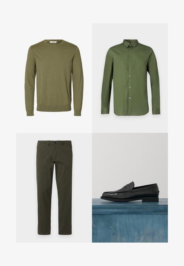 Pull vert olive à manches longues avec col rond, poignets et bas-côtes côtelés, tissu en maille unie, et une étiquette de marque « Selected » à l'intérieur du col.; Chemise à manches longues vert olive, fabriquée en tissu lisse, avec un devant boutonné et un col pointu assorti aux boutons.; Pantalons droits en vert olive fabriqués à partir d'un mélange de coton. Présentent une fermeture éclair, des passants de ceinture et deux poches latérales. Texture lisse.; Mocassins noirs en cuir avec un design élégant, comportant un bout cousu et une finition lisse. La chaussure possède un talon bas et un minimum de détails.